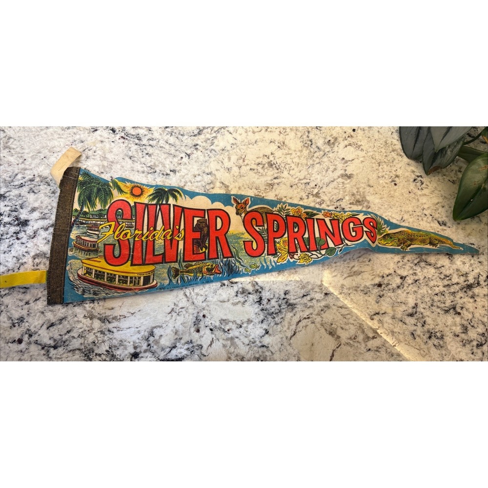 Vintage Green Felt Silver Springs Florida Neon Boat Ride Ocala Pennant Flag